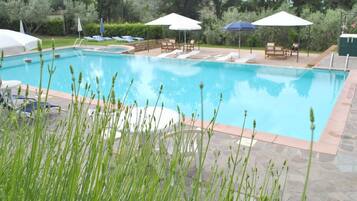 Seasonal outdoor pool, pool umbrellas, sun loungers