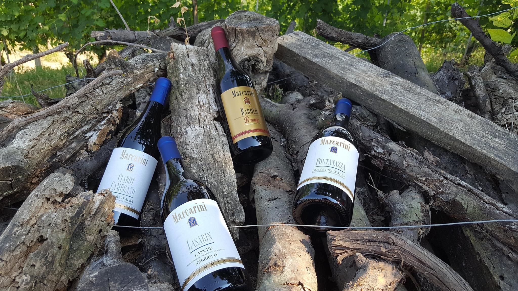 Vier Weinflaschen auf einem Holzstoß.