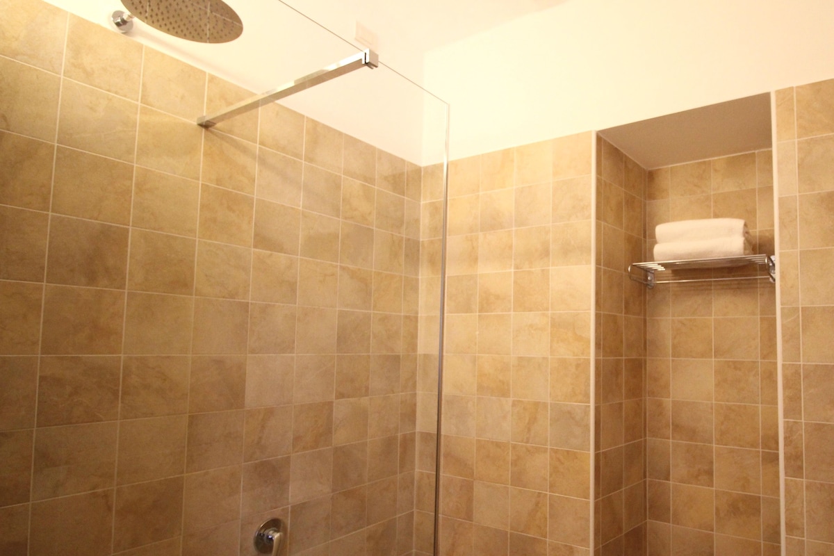 A shower with a handheld showerhead, a glass door, and a towel rack with a folded towel.