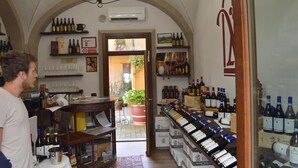 A wine shop with shelves of wine bottles, a chandelier, and a view of the outside. - Agriturismo Marcarini (Neviglie)