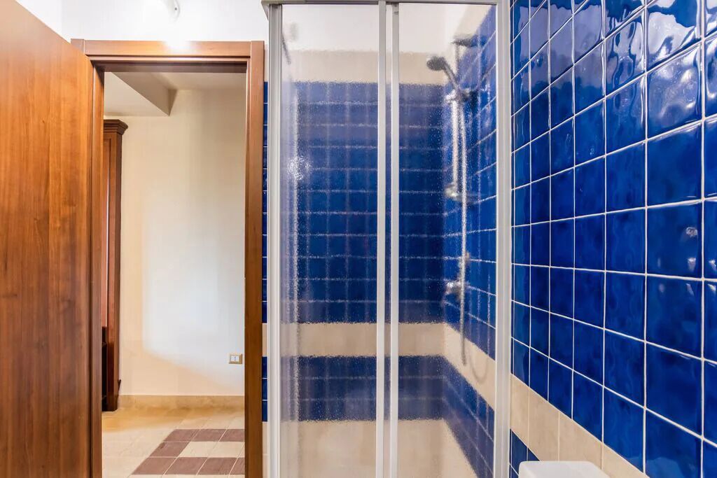 A bathroom with blue-tiled walls, a shower enclosure, and a wooden door.