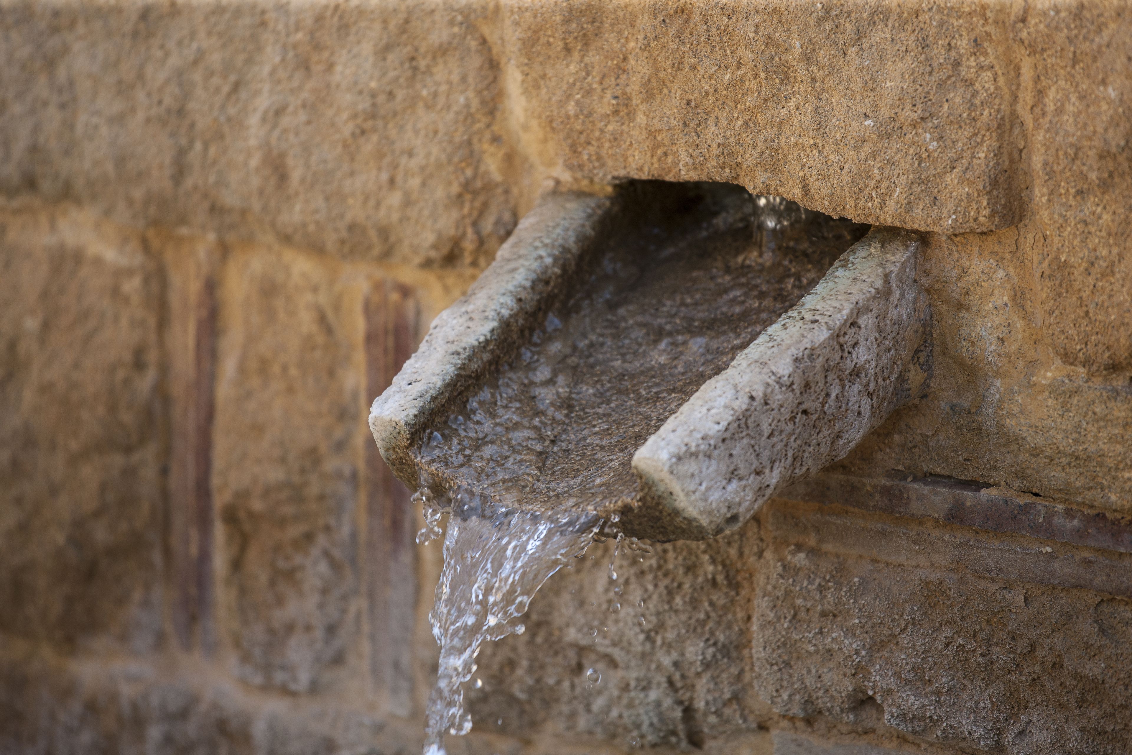 A stone water spout with water flowing into a trough.