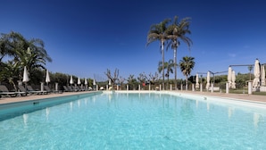 A clear blue swimming pool with lounge chairs and umbrellas, surrounded by palm trees and a clear sky.
