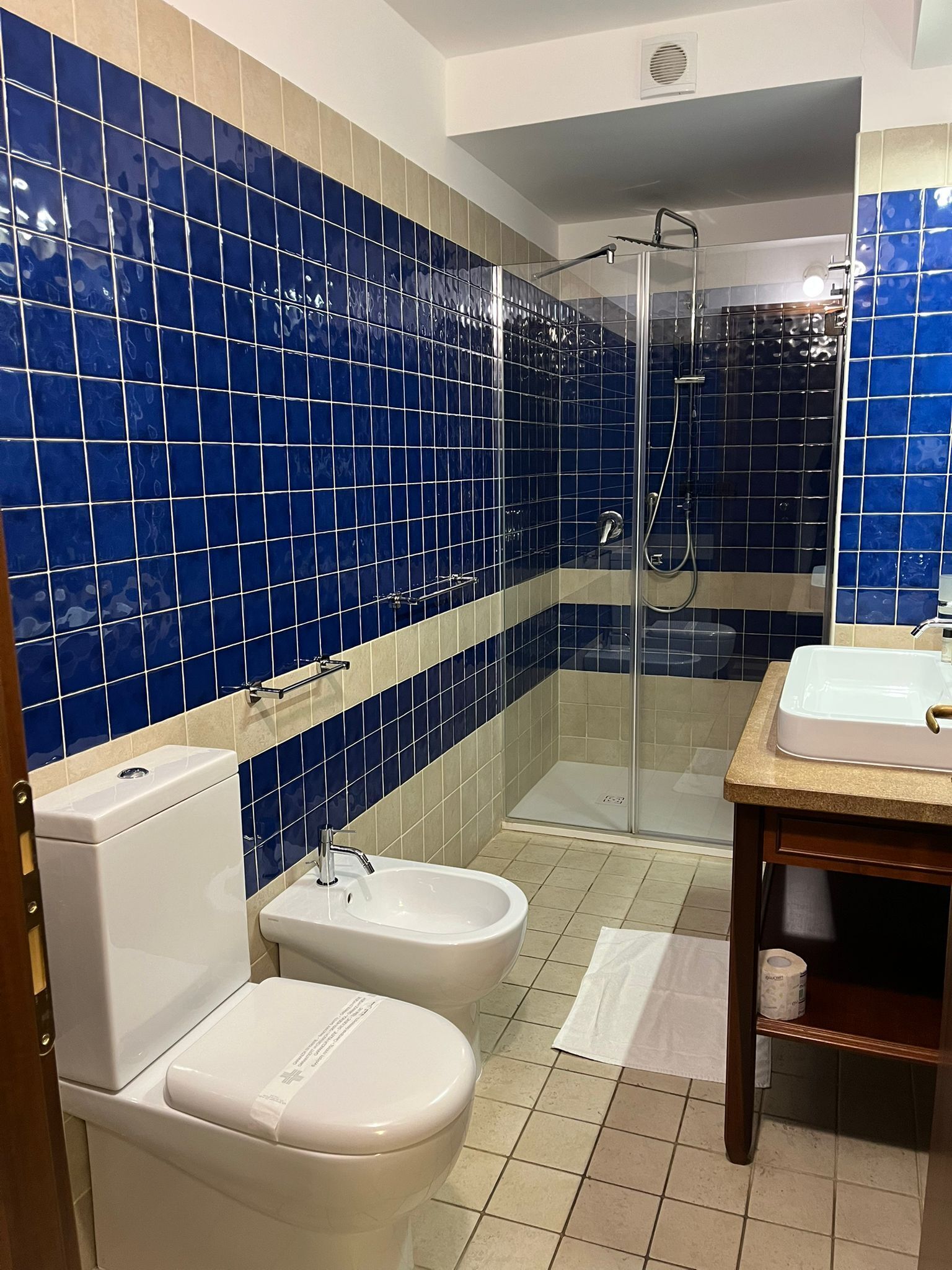 Un baño con paredes de azulejos azules, ducha con mampara de vidrio, inodoro y lavamanos.