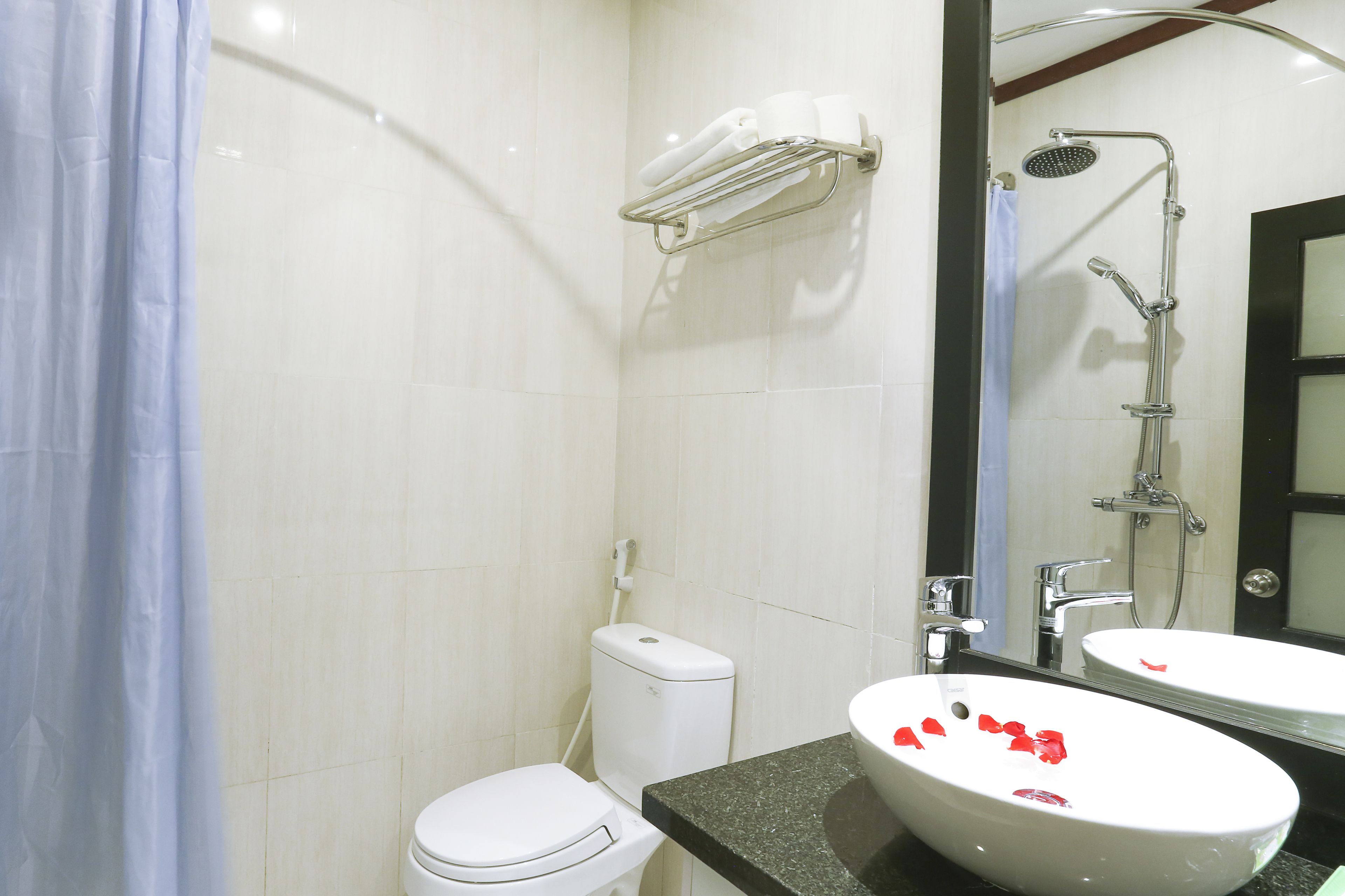 A bathroom with a white toilet, a sink with red rose petals, a shower, and a towel rack.