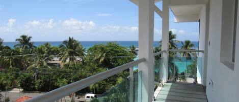 Een balkon met uitzicht op de oceaan en palmbomen.
