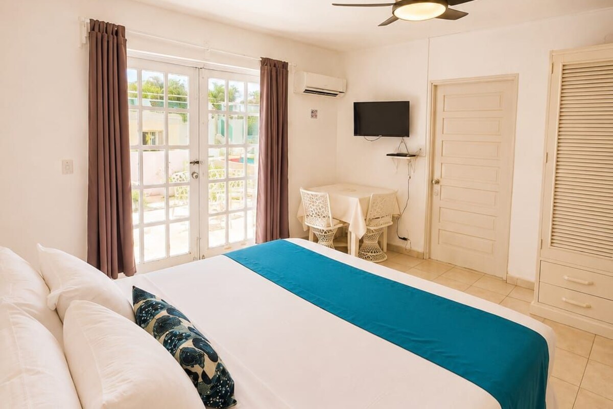 A hotel room with a bed, a TV, a ceiling fan, a table with chairs, and a view through the window.
