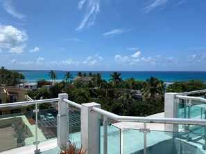 A balcony with a clear view of the ocean and palm trees. - Hotel Refugio Neptuno's (Boca Chica)