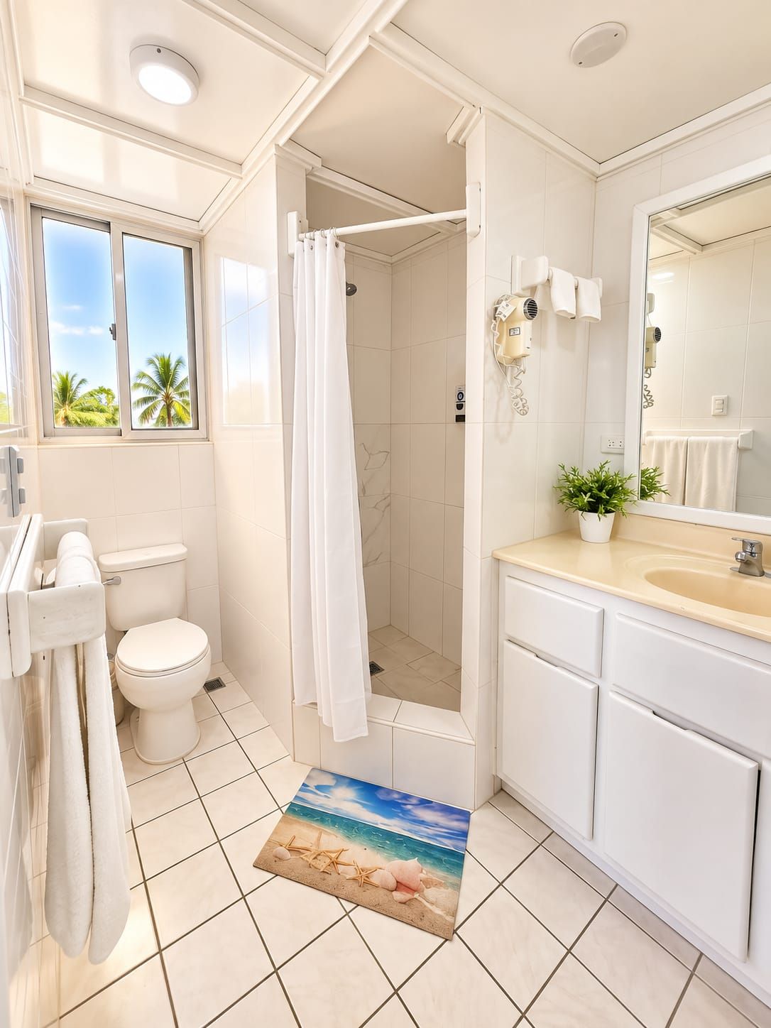 Ein Badezimmer mit Dusche, Toilette, Waschbecken und einem Fenster mit Blick auf Palmen.