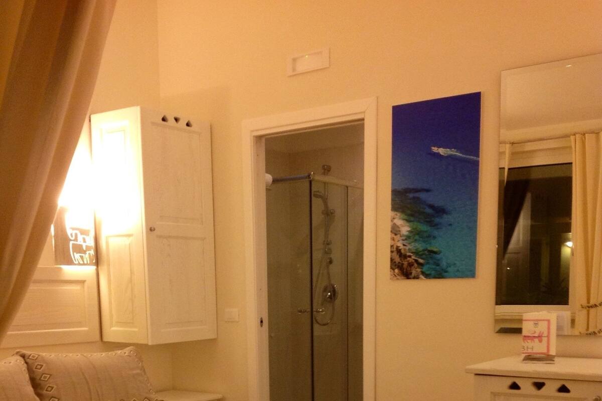 Ein Schlafzimmer mit Bett, Nachttisch, Dusche und Badezimmertür.