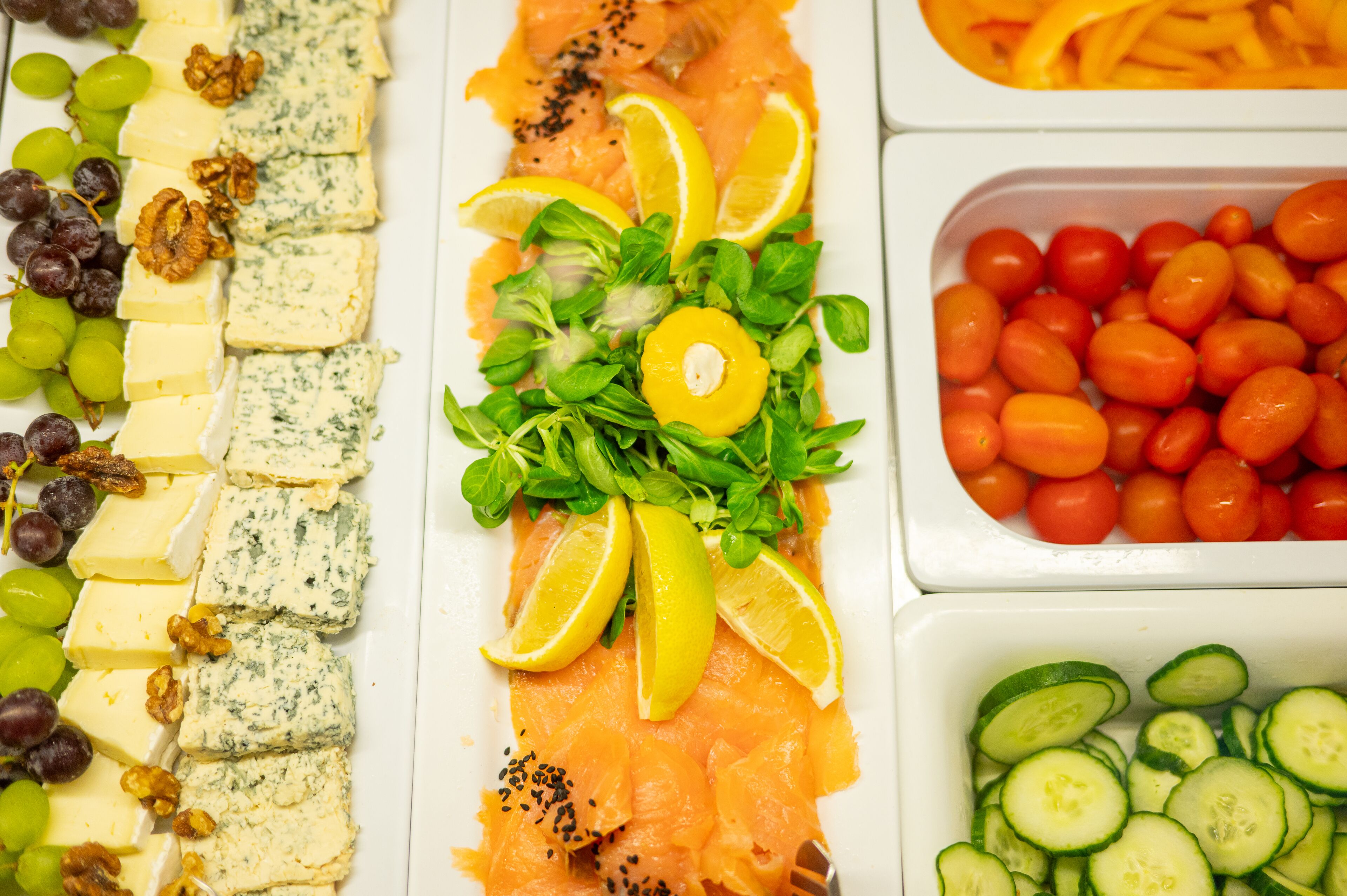 A variety of food items including cheese, salmon, grapes, walnuts, lemon slices, and cherry tomatoes.