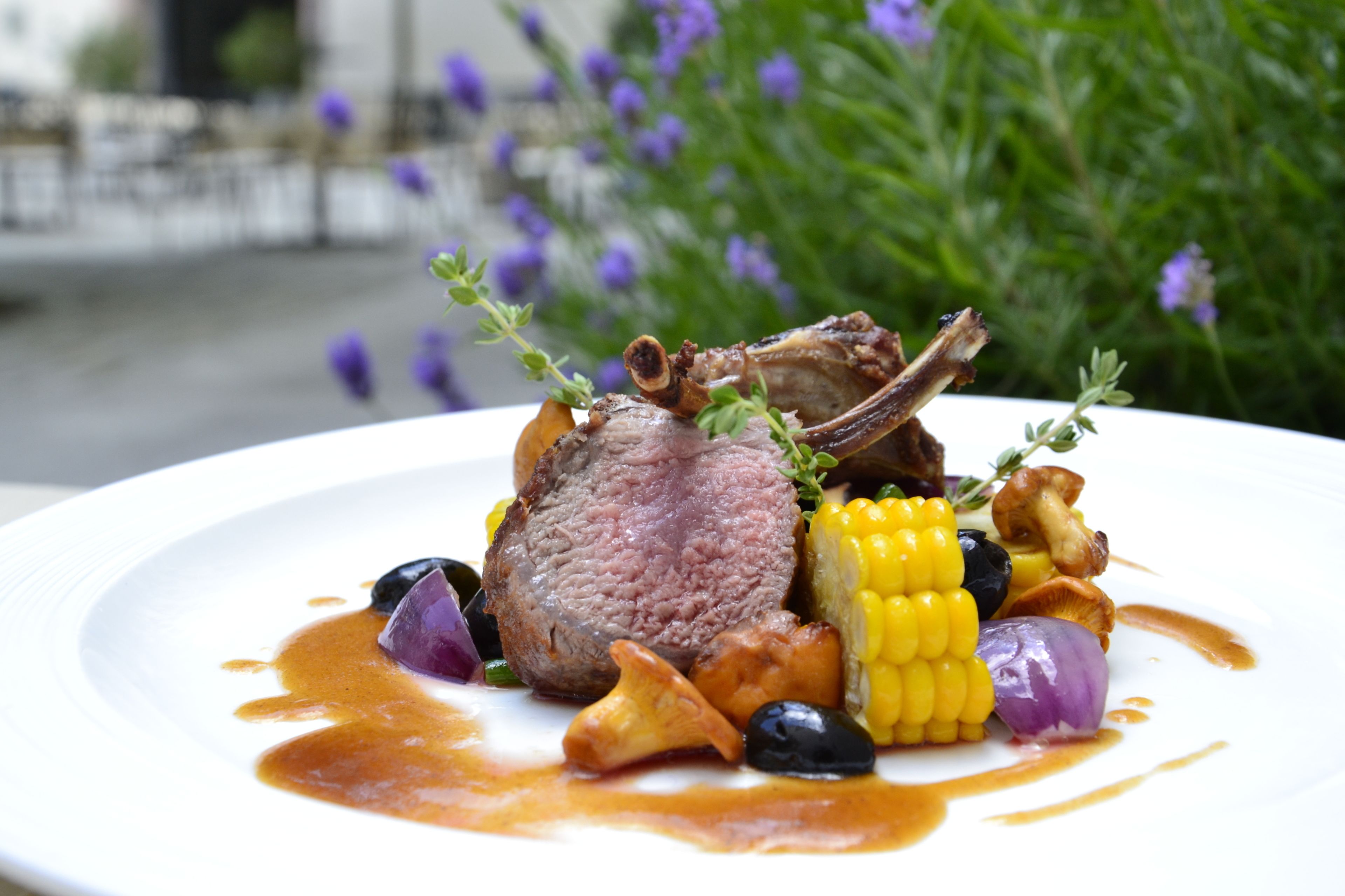 A plate of food with a lamb shank, vegetables, and sauce.