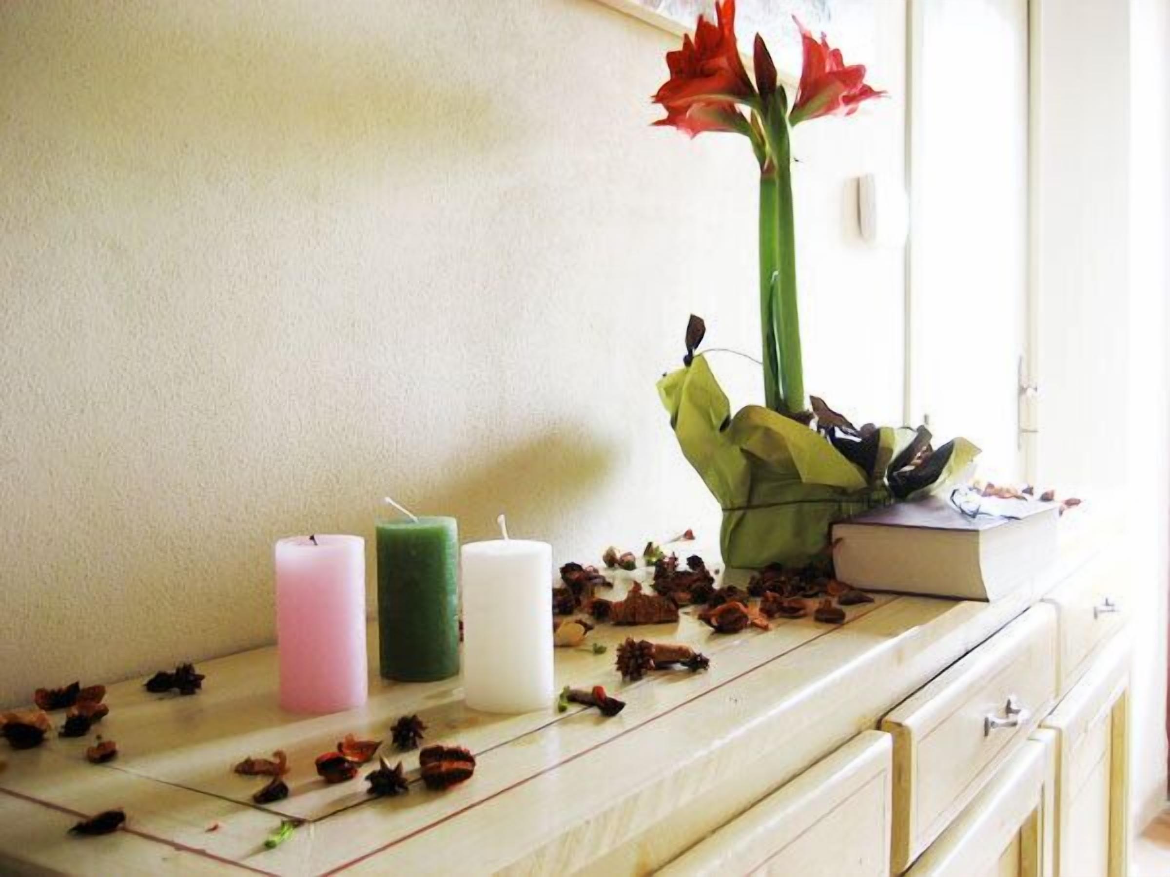 A table with candles, a vase with red flowers, and scattered leaves.