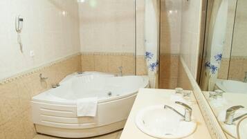 Combined shower/bathtub, free toiletries, hair dryer, bathrobes
