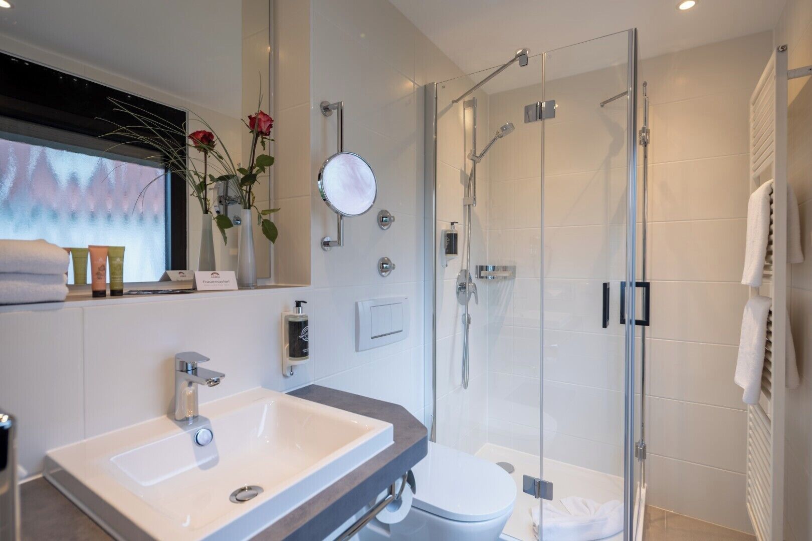 classic double room | bathroom | shower, hair dryer, towels