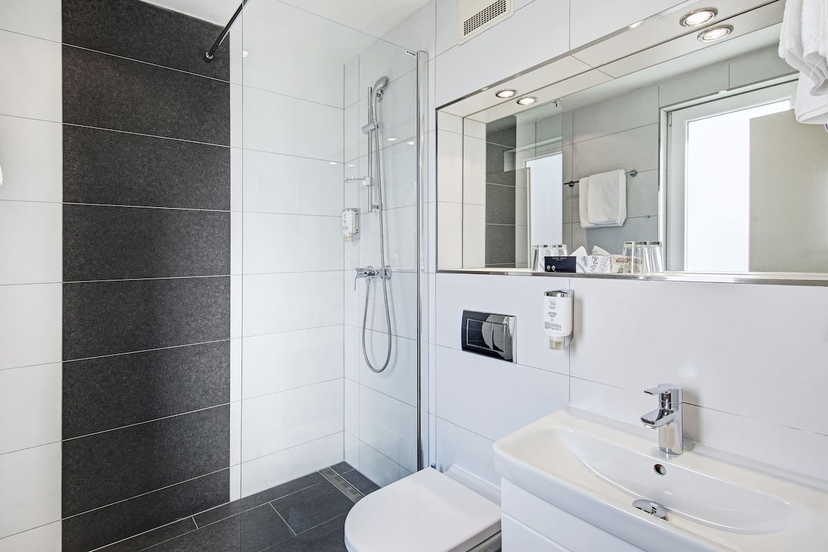 comfort double room | bathroom | shower, hair dryer, heated floors, towels