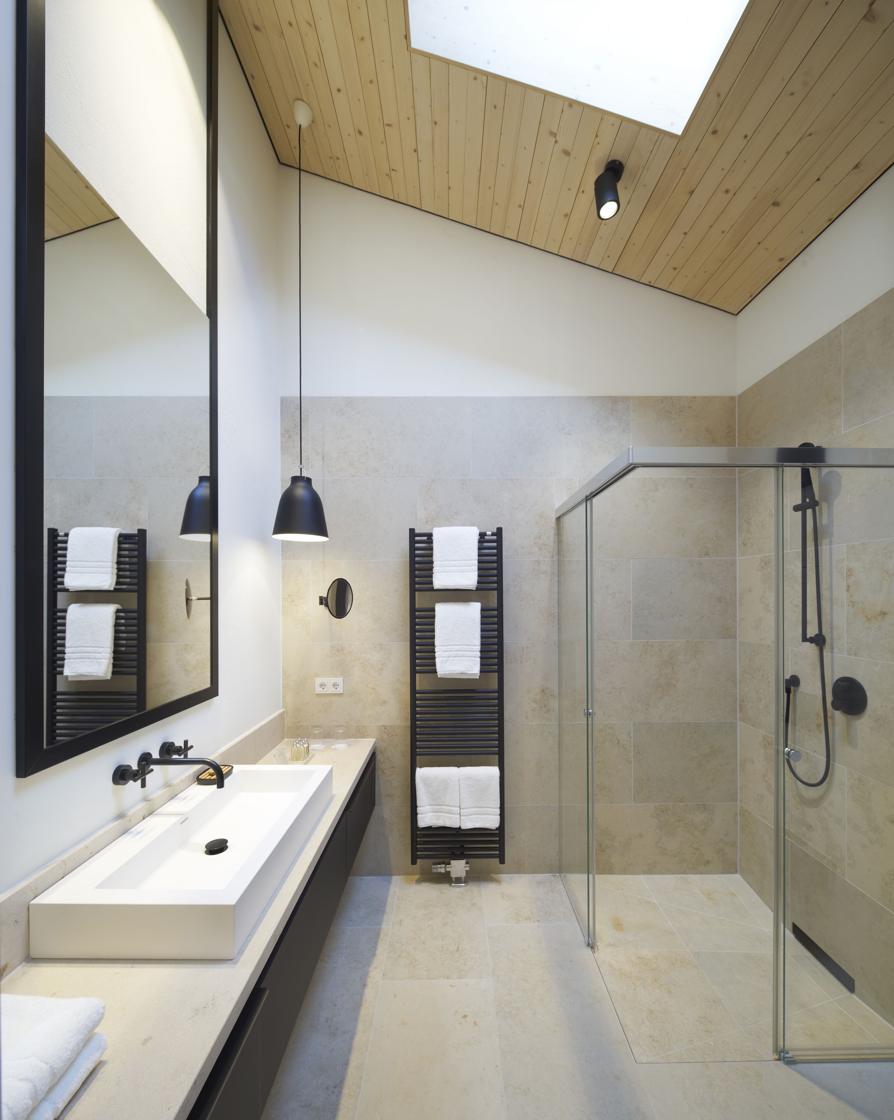 Un baño moderno con un espejo grande, dos barras para toallas, ducha con cerramiento de vidrio y techo de madera.