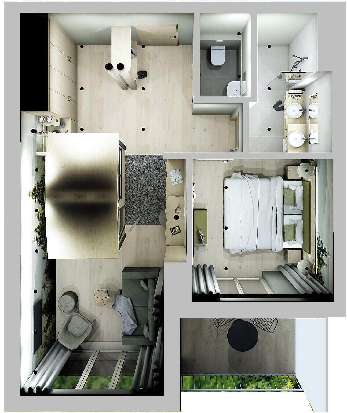 Ein modernes Hotelzimmer mit einem großen Bett, einem kleinen Badezimmer, einer Sitzecke und Blick auf Grünflächen.