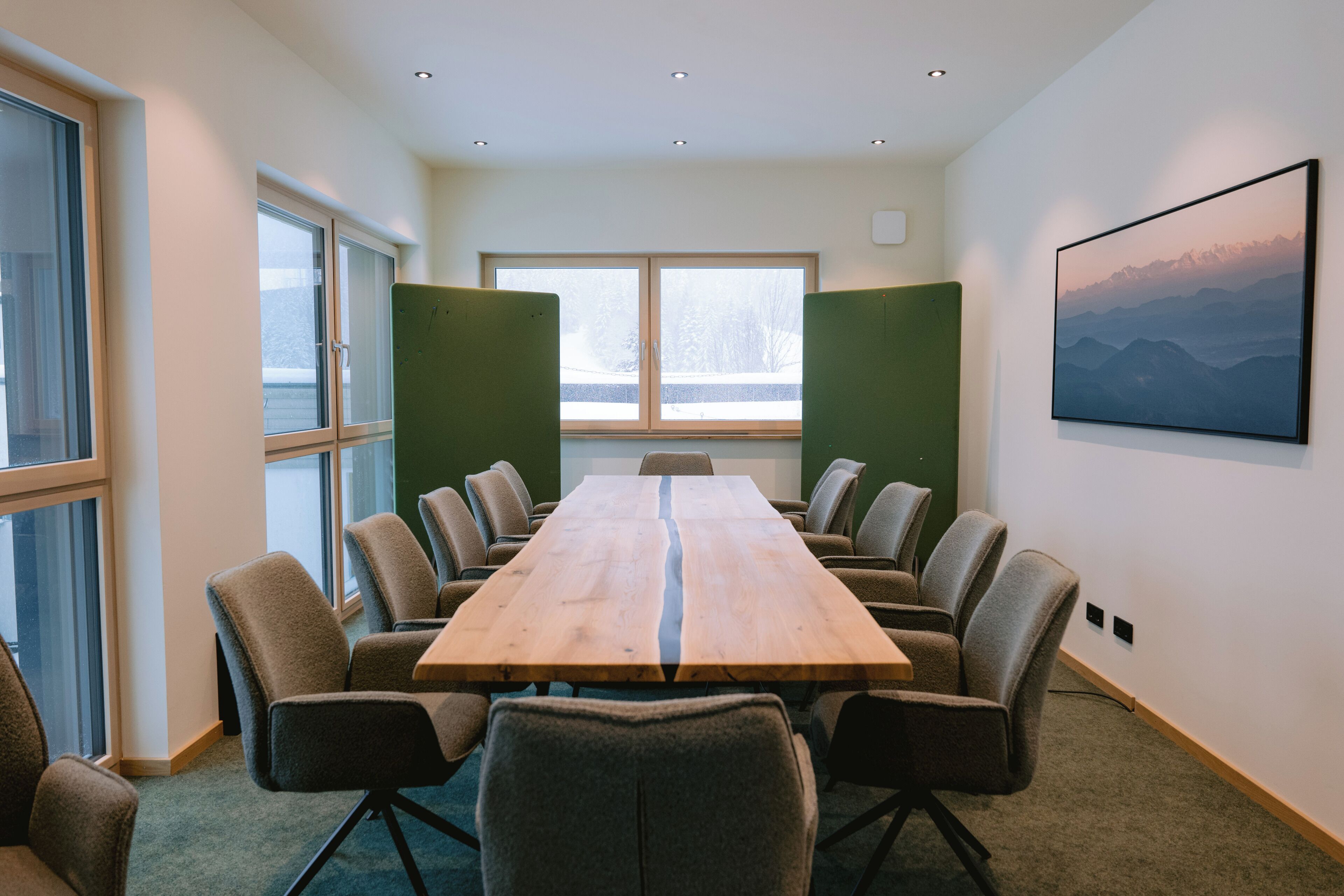 A conference room with a long table, chairs, large windows, and a framed picture on the wall.