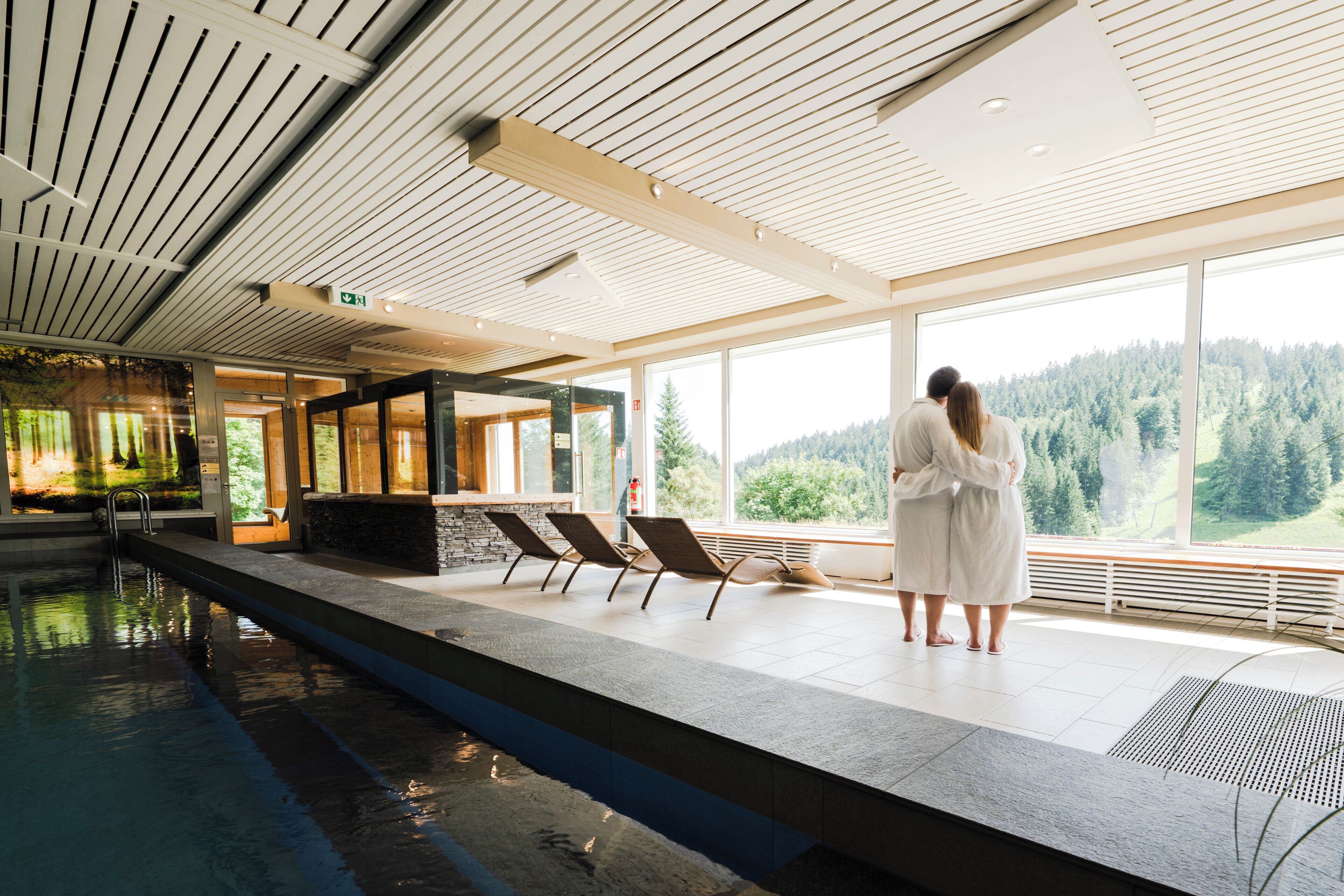 Una piscina techada, sillones reclinables de piscina