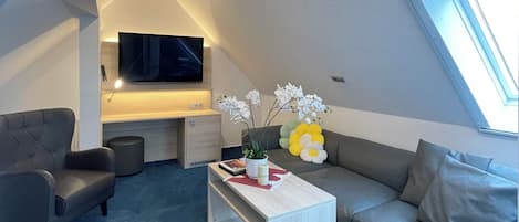 A modern loft bedroom with a sloped ceiling, a skylight, a flat-screen TV, a sofa, a coffee table, and a small desk area.