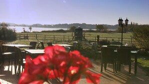 Un espace extérieur aménagé pour les repas, avec des tables et des chaises, un lampadaire, et une vue sur un lac et des arbres au loin.