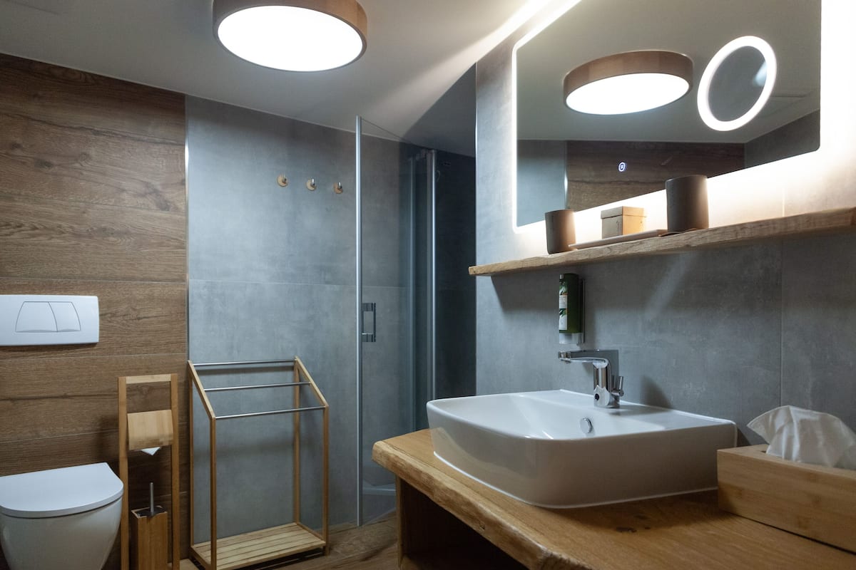 Shower, free toiletries, hair dryer, towels