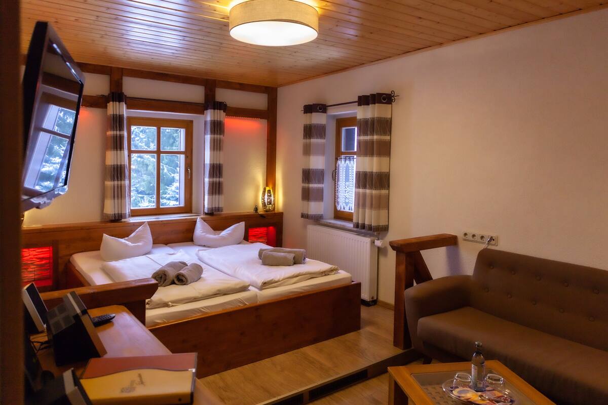 Ein gemütliches Zimmer mit Bett, einer Couch, einem Fernseher und einem fenster mit Vorhängen.