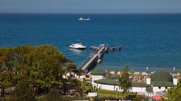 A coastal scene with a pier extending into the sea, a boat docked at the pier, and a building with a green roof in the foreground.