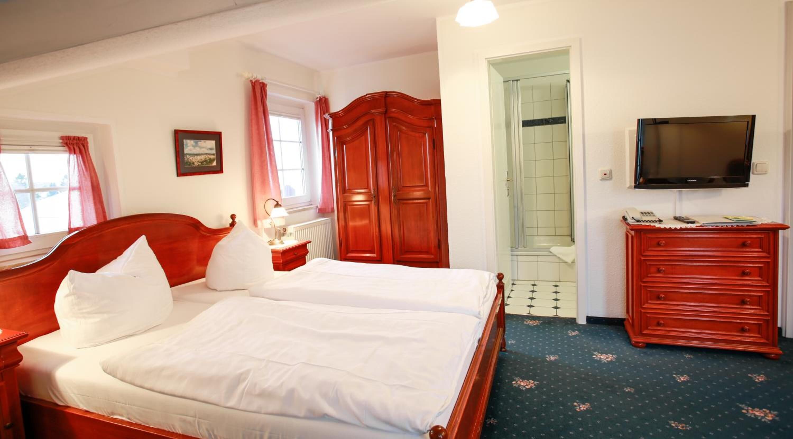 Habitación de hotel con cama doble, armario de madera, televisor y baño con ducha e inodoro.