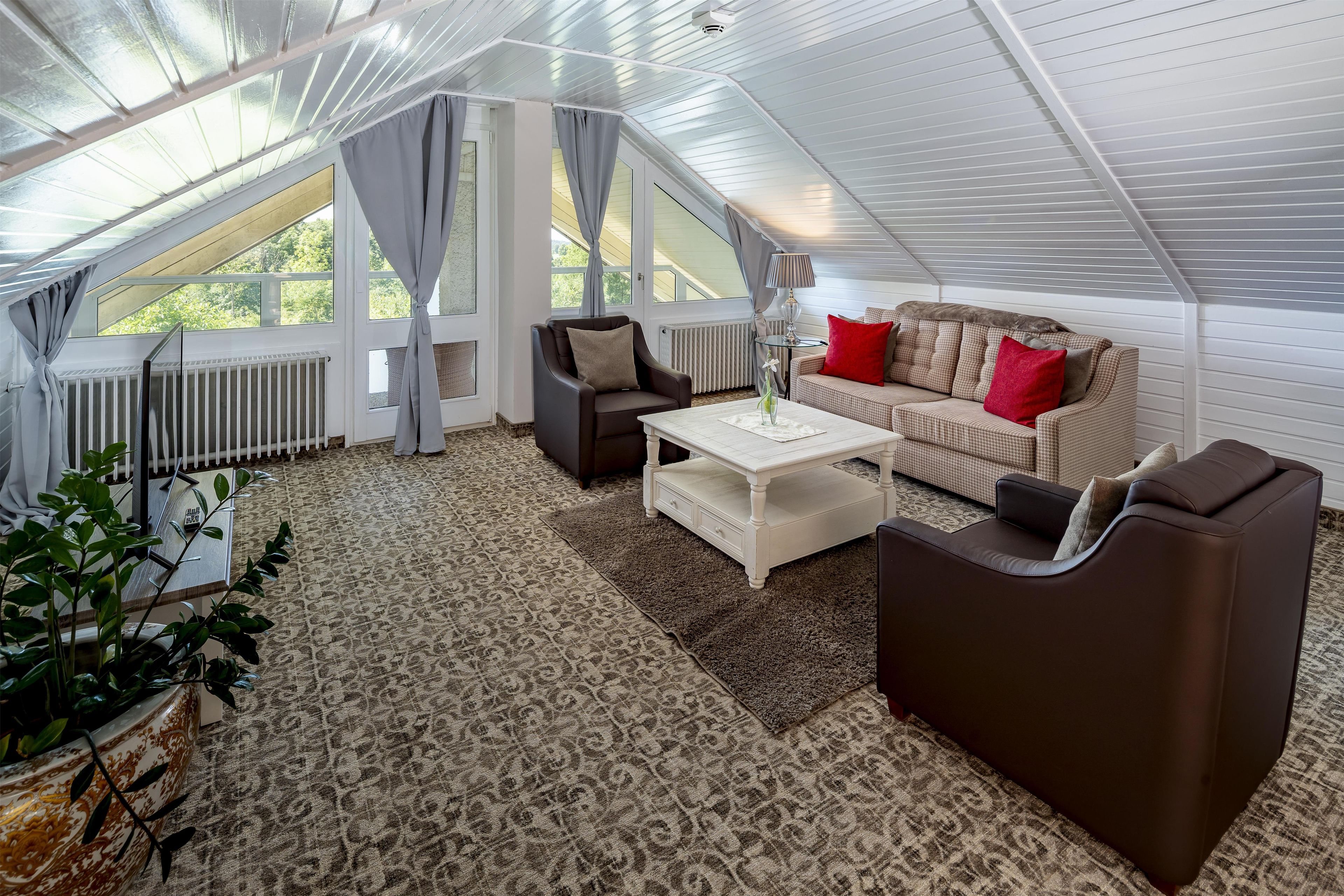 A cozy attic room with a high ceiling, a white radiator, a sofa set, a brown armchair, and a coffee table.