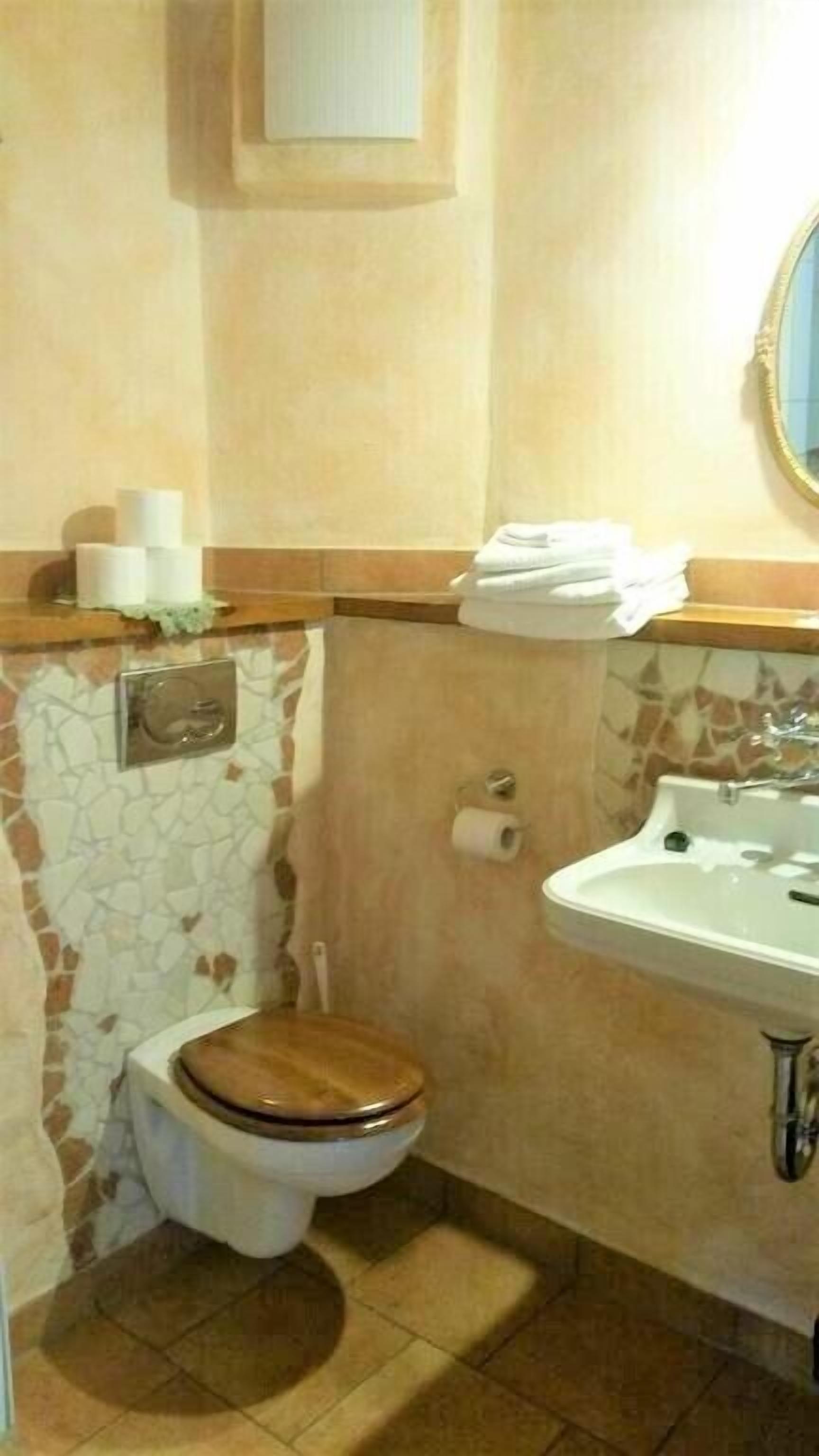Une salle de bain avec des toilettes, un lavabo et un miroir.