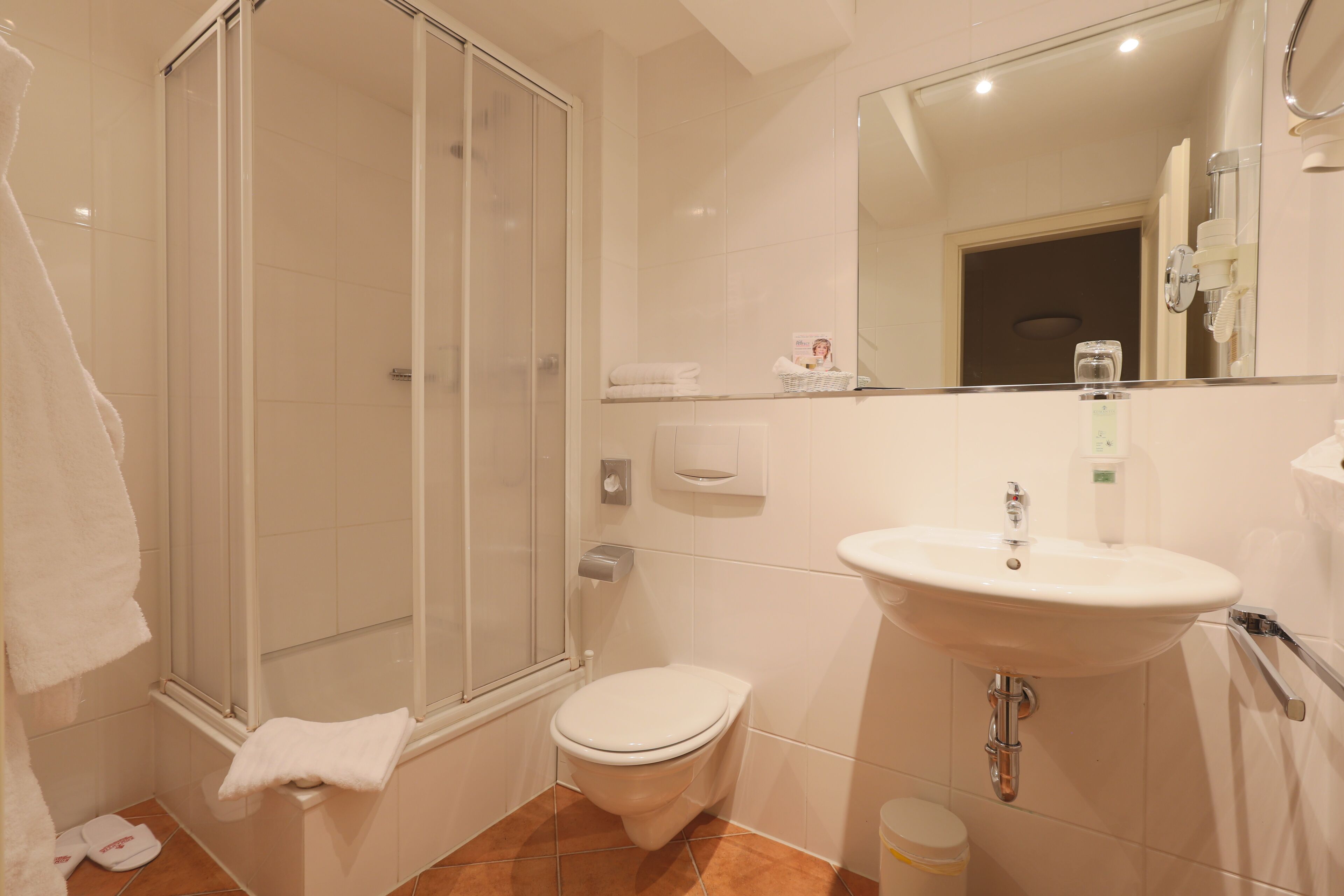 Een badkamer met douche, toilet, wastafel en spiegel.