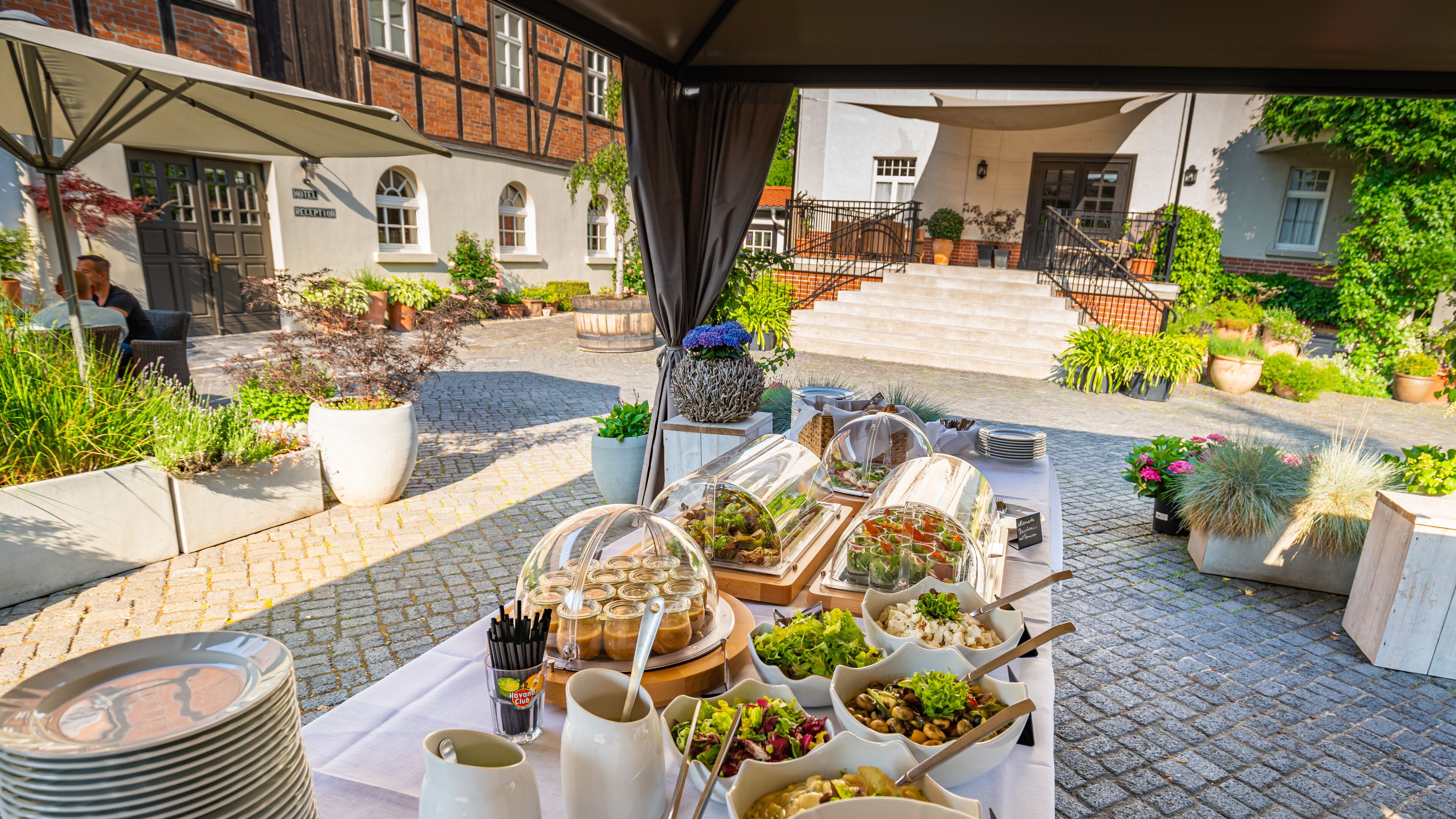 Un área de comedor al aire libre con mesas de buffet, que incluye diversos platos y bebidas, rodeada de plantas en macetas y un camino de ladrillo.