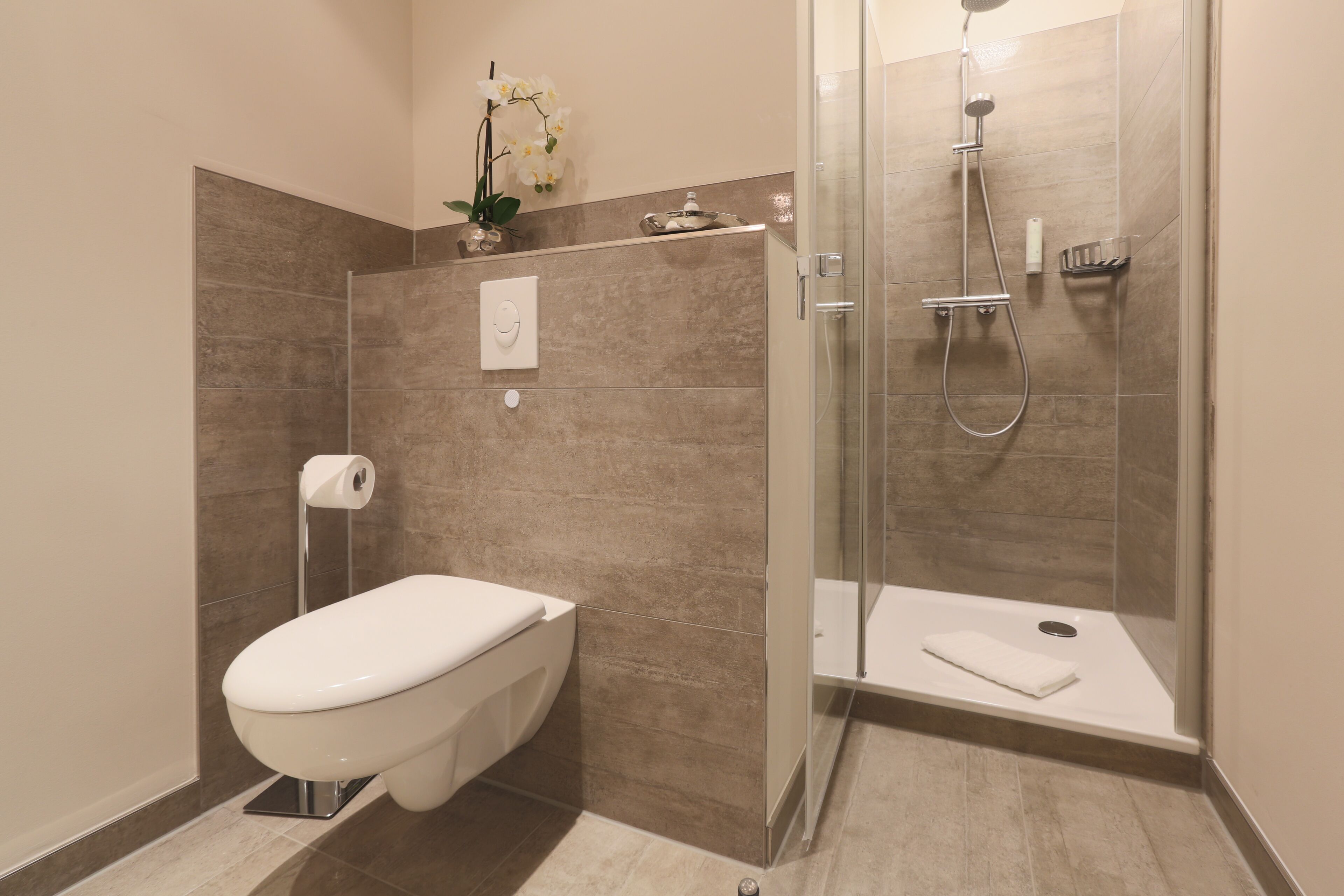A modern bathroom with a toilet, shower, and a small shelf with a plant.