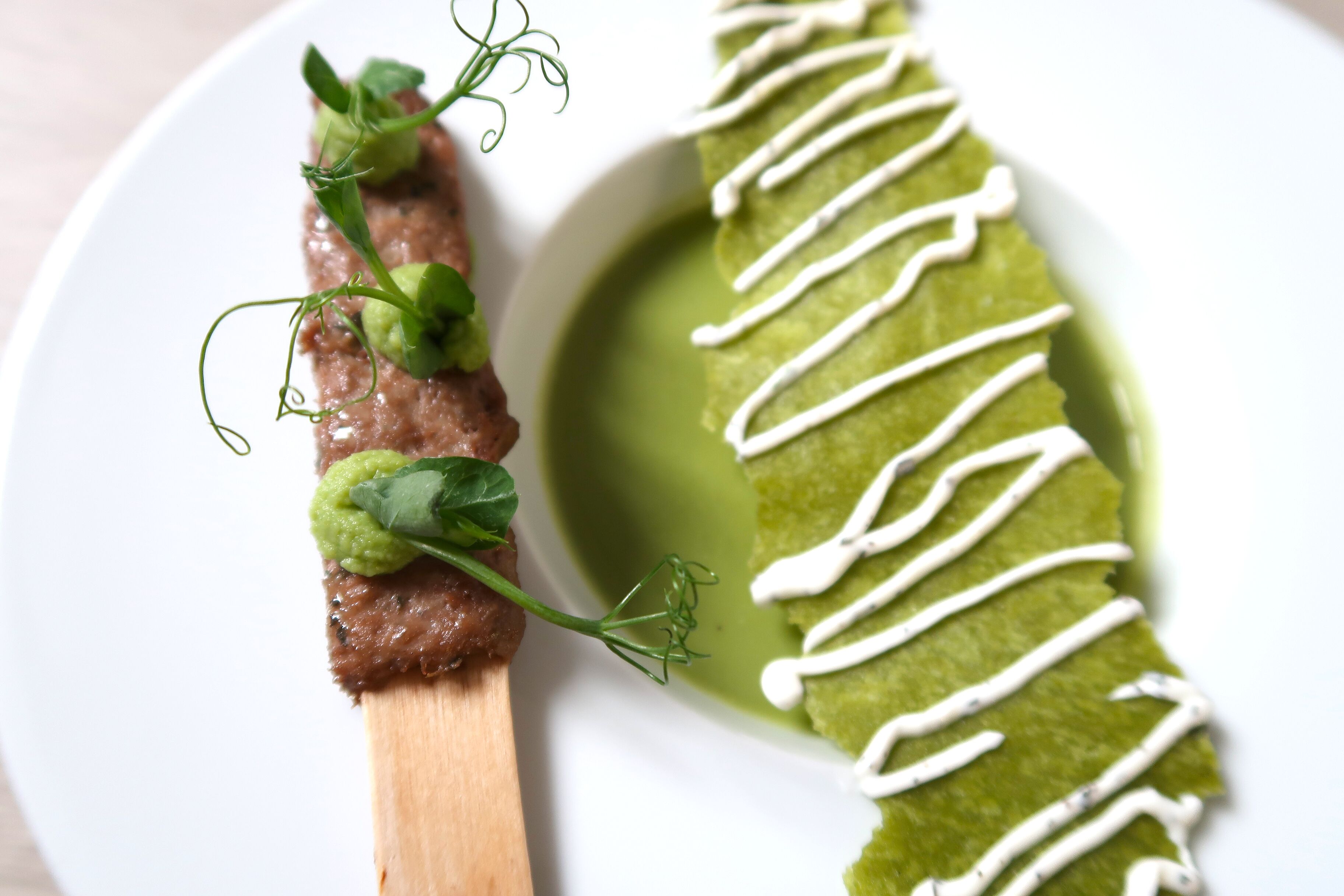 A plate with a meat skewer and a rolled vegetable with white sauce.