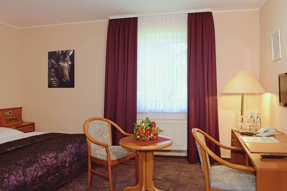 Habitación de hotel con cama, dos sillas, una mesita con un florero, una lámpara, un televisor y un cuadro en la pared.