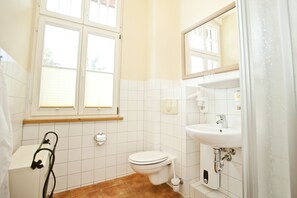 Double Room | Bathroom | Shower, hair dryer, towels - Elbterrasse Wörlitz (Oranienbaum-Wörlitz)