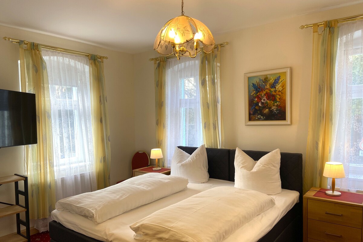 Una habitación de hotel con cama, lámparas de noche, televisor y un cuadro en la pared.