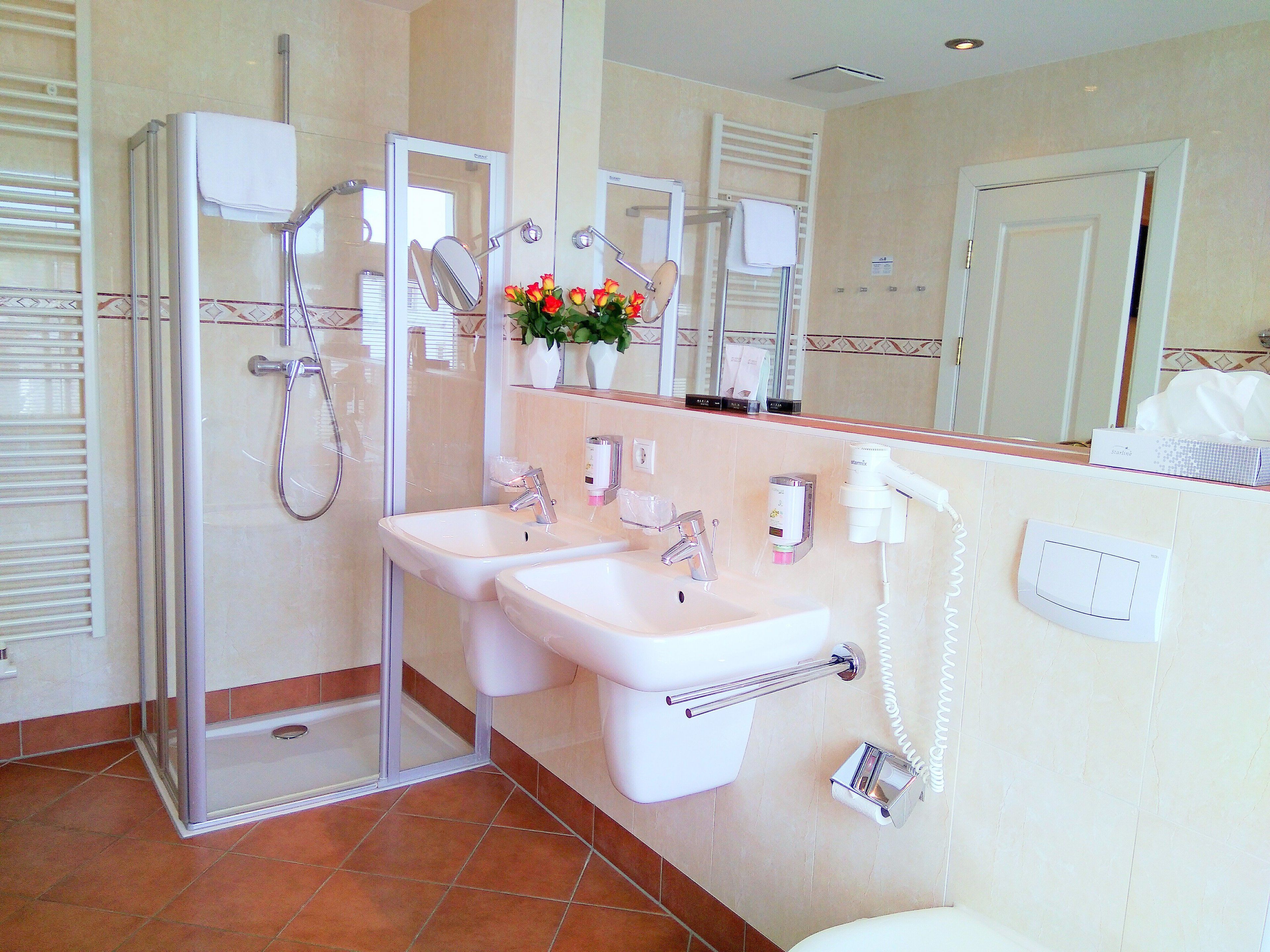 Un bagno con doccia vetrata, due lavandini, uno specchio e un WC.