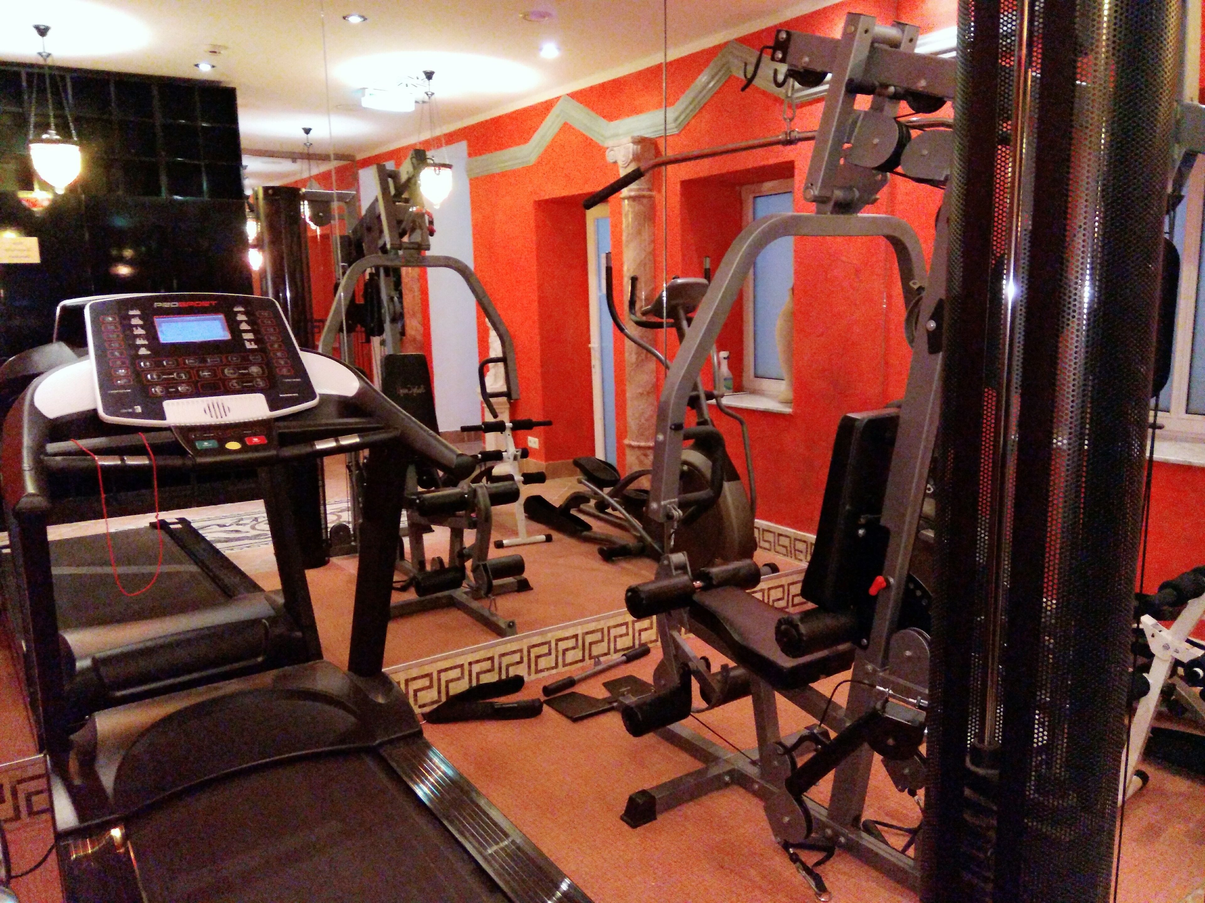 A gym with treadmills, weight machines, and a mirrored wall.