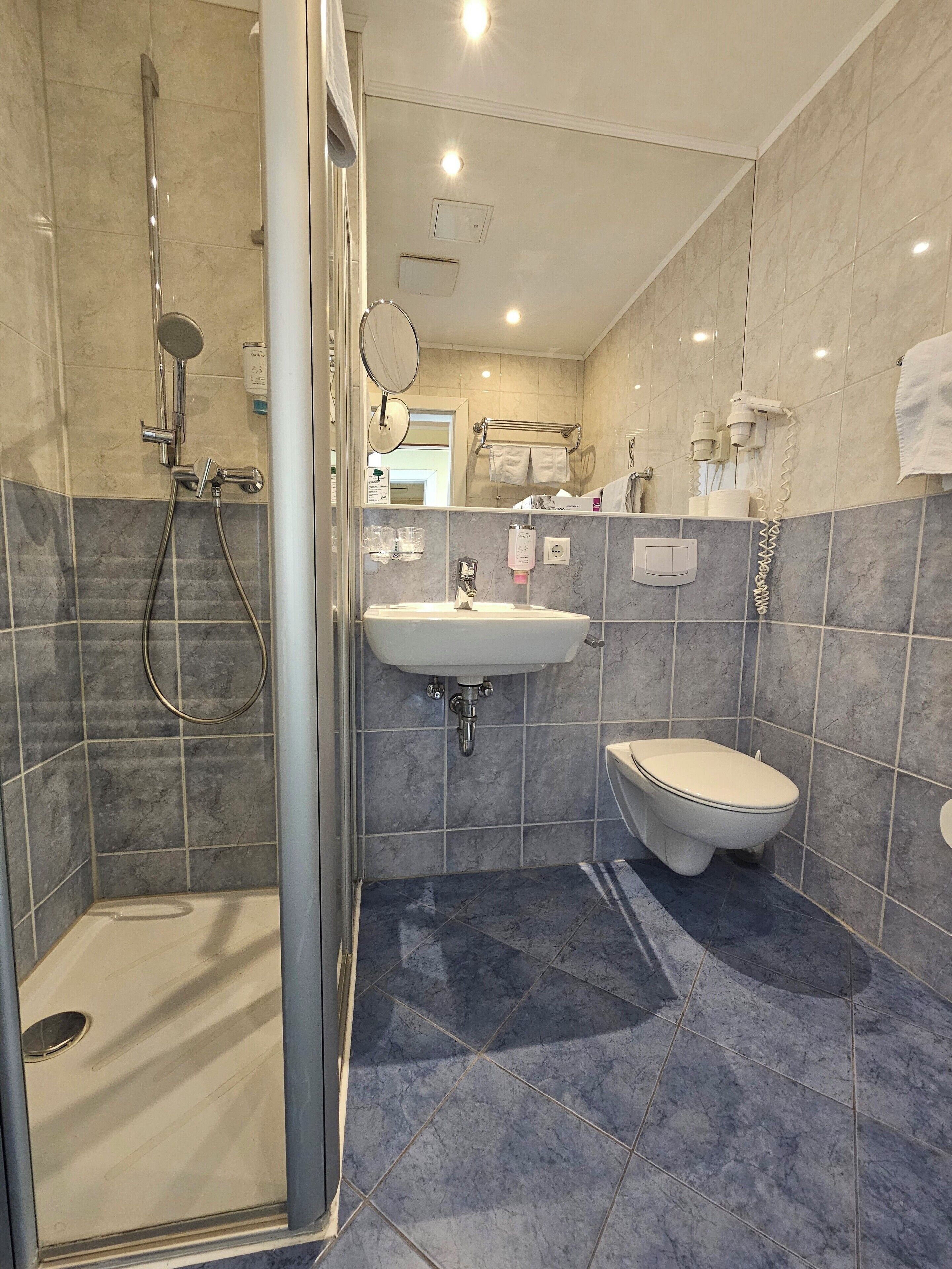A modern bathroom with a shower, sink, and toilet.