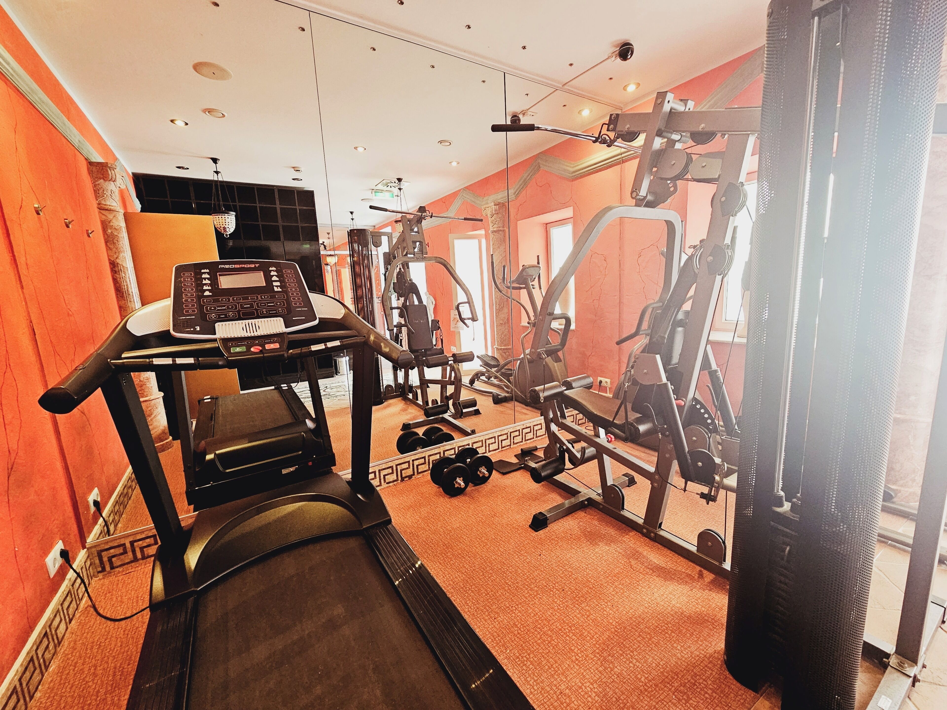 Un gimnasio con equipo de cardio, máquinas de pesas y mancuernas.