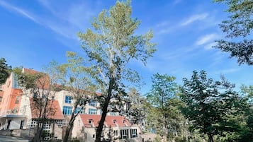 Un edifici de diverses plantes amb teulades vermelles, envoltat d'arbres i un cel blau clar.