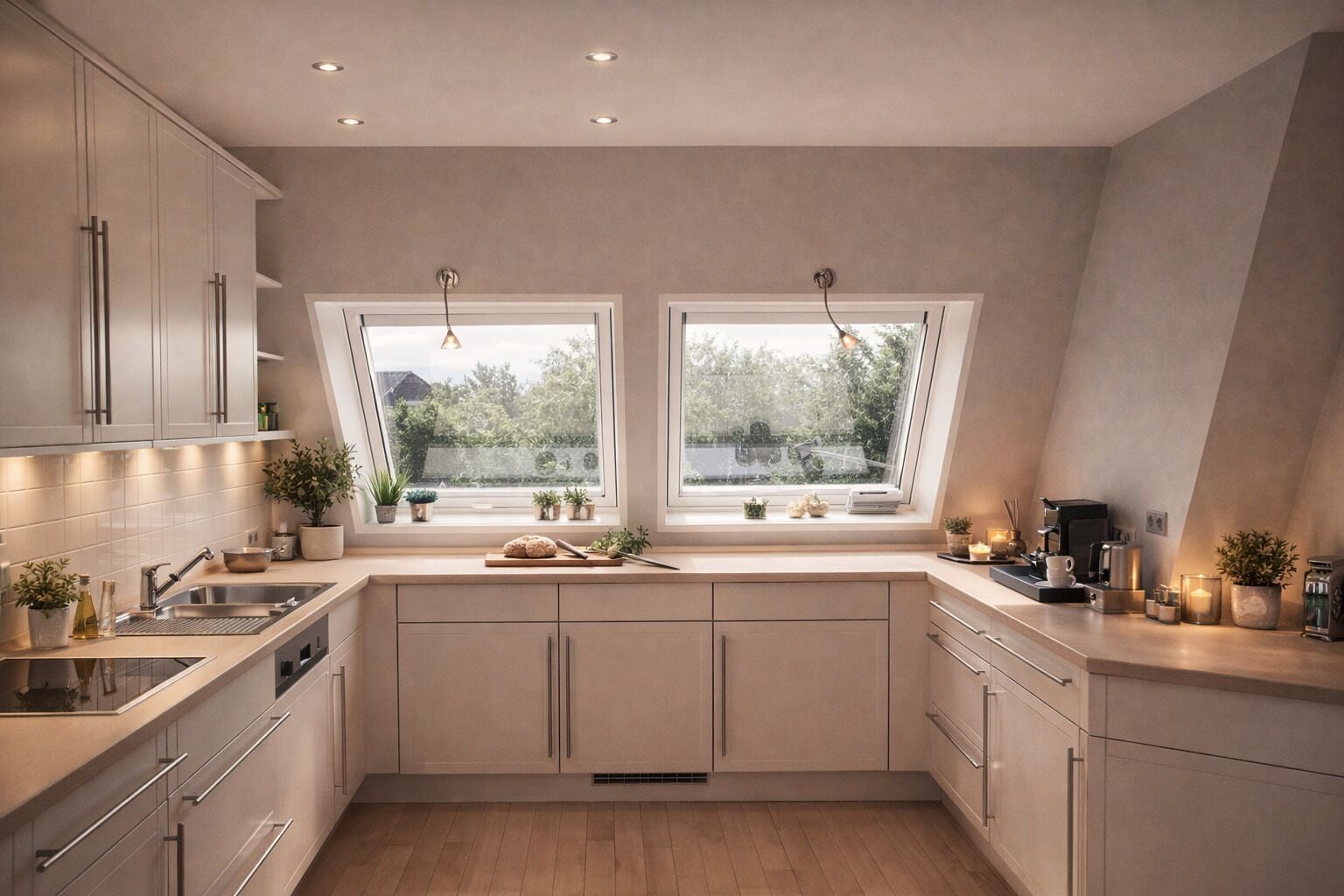 A modern kitchen with two windows, wooden cabinets, and a built-in oven.