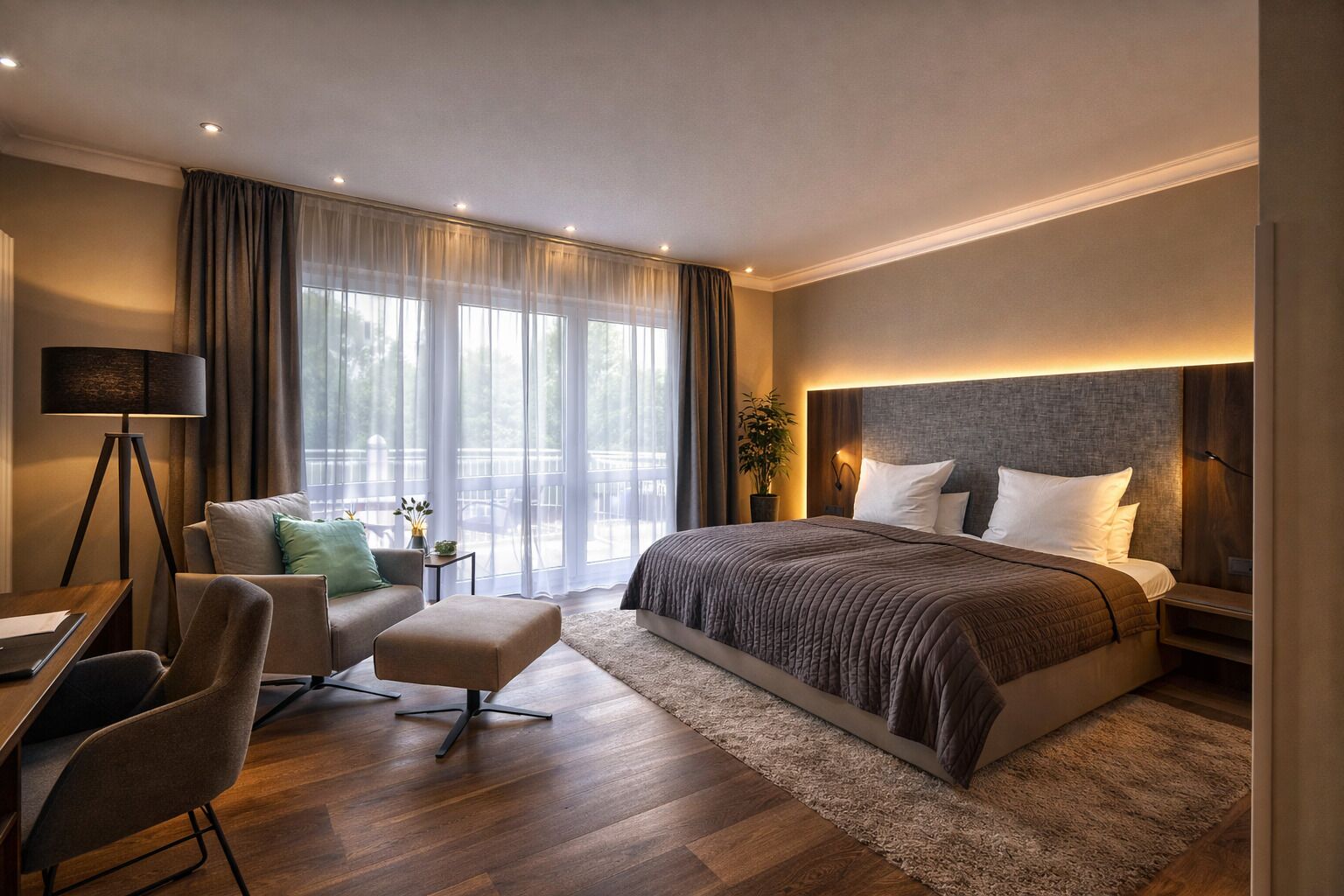 Un dormitorio de hotel moderno con una cama grande, un escritorio, una silla y vistas al exterior.