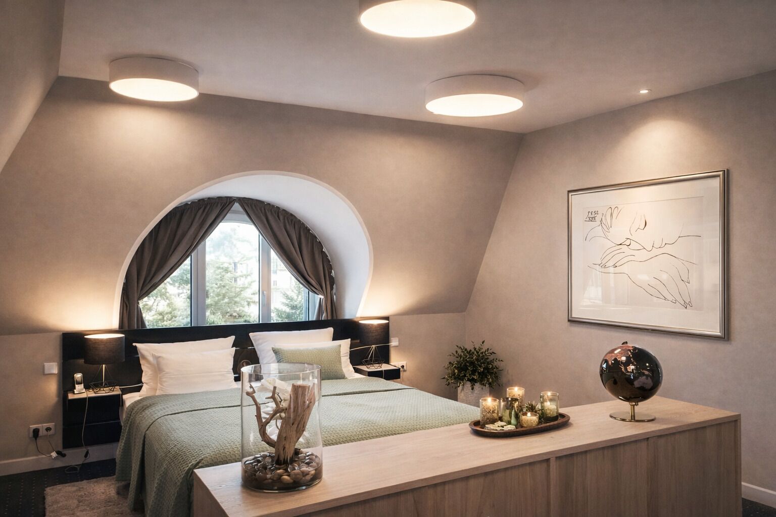 A bedroom with a large bed, a bedside table, a desk, a window with curtains, and a framed artwork on the wall.