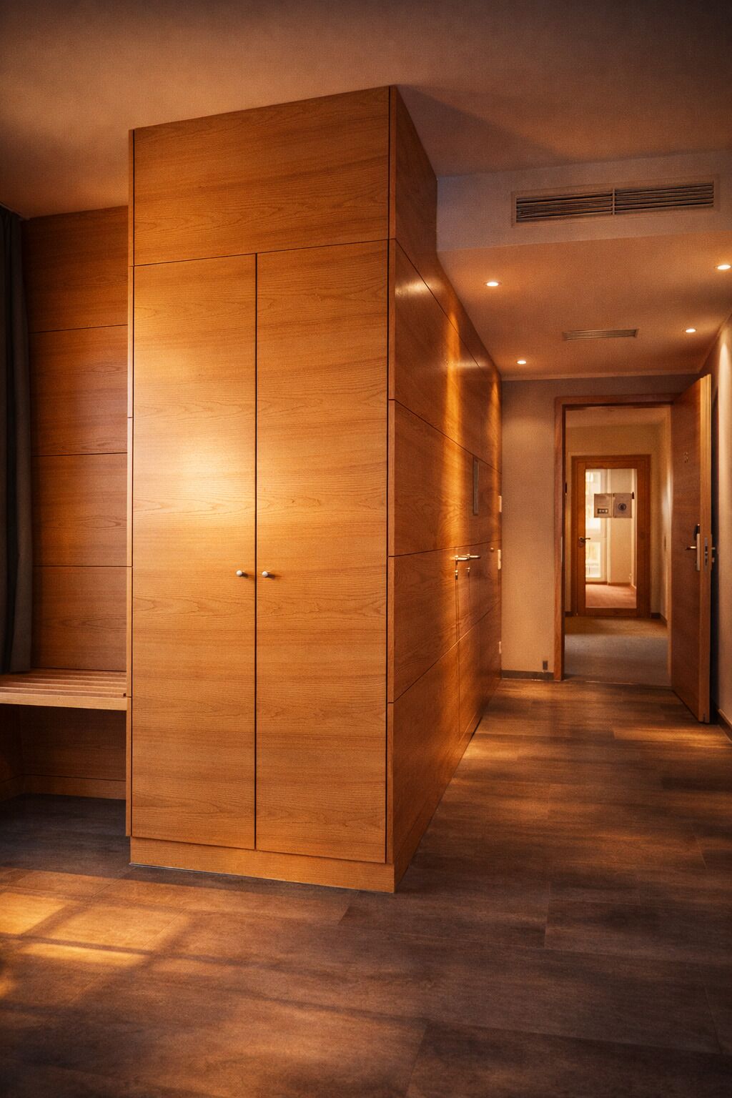 Un pasillo con suelo de madera y un amplio armario con dos puertas.