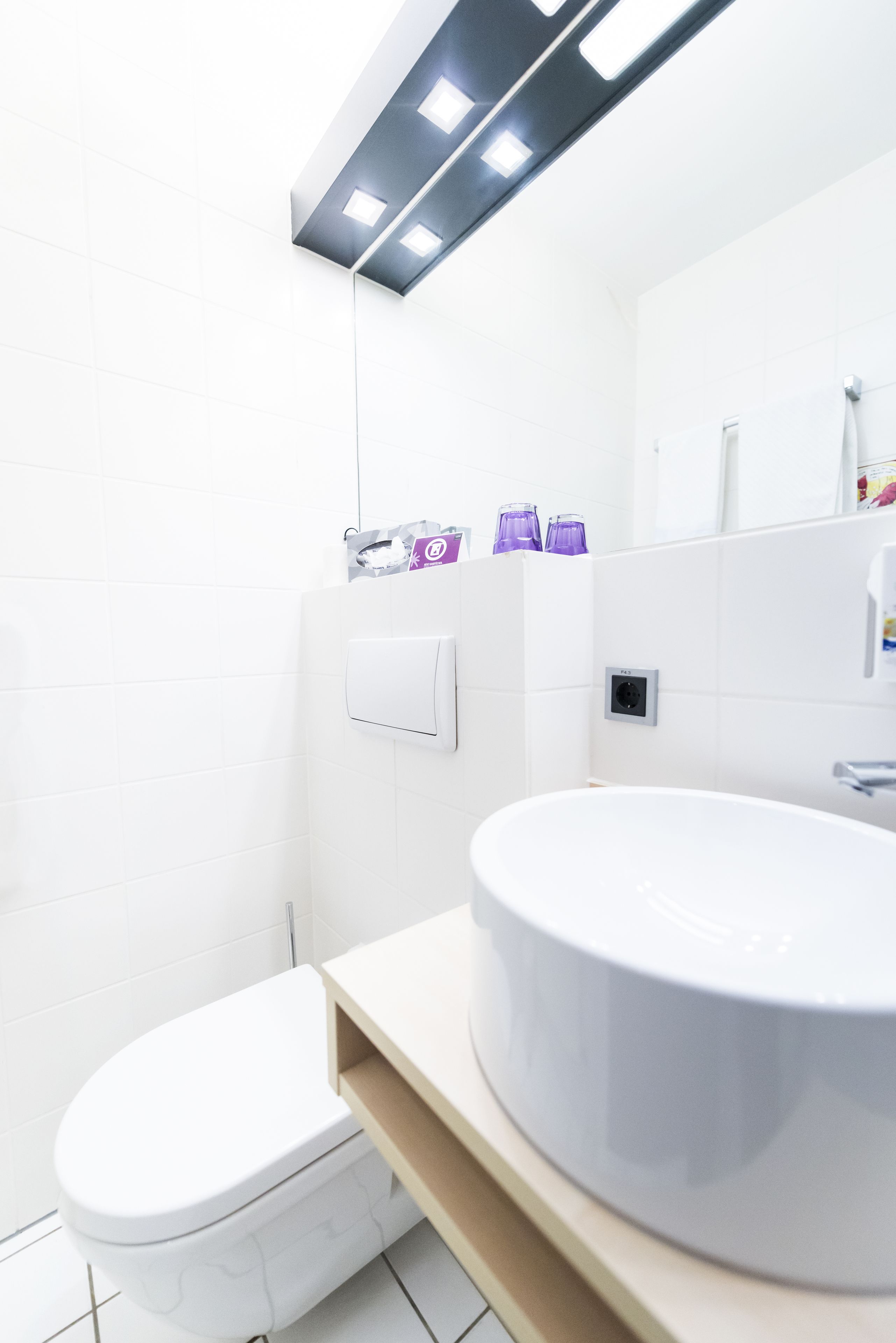 Ein modernes Badezimmer mit Toilette, rundem Waschbecken und Spiegel. Lila Flaschen sind an der Wand und ein Seifenspender angebracht.
