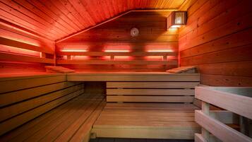 Eine Sauna mit Holzbänken und schräg versiegelter Decke.